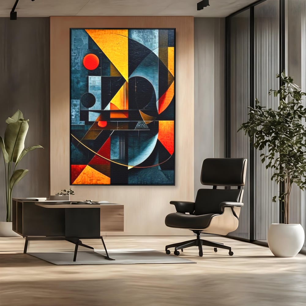 Tablou canvas cu pictura abstracta cu forme geometrice, in rama de aluminiu negru, pe perete intr-un birou